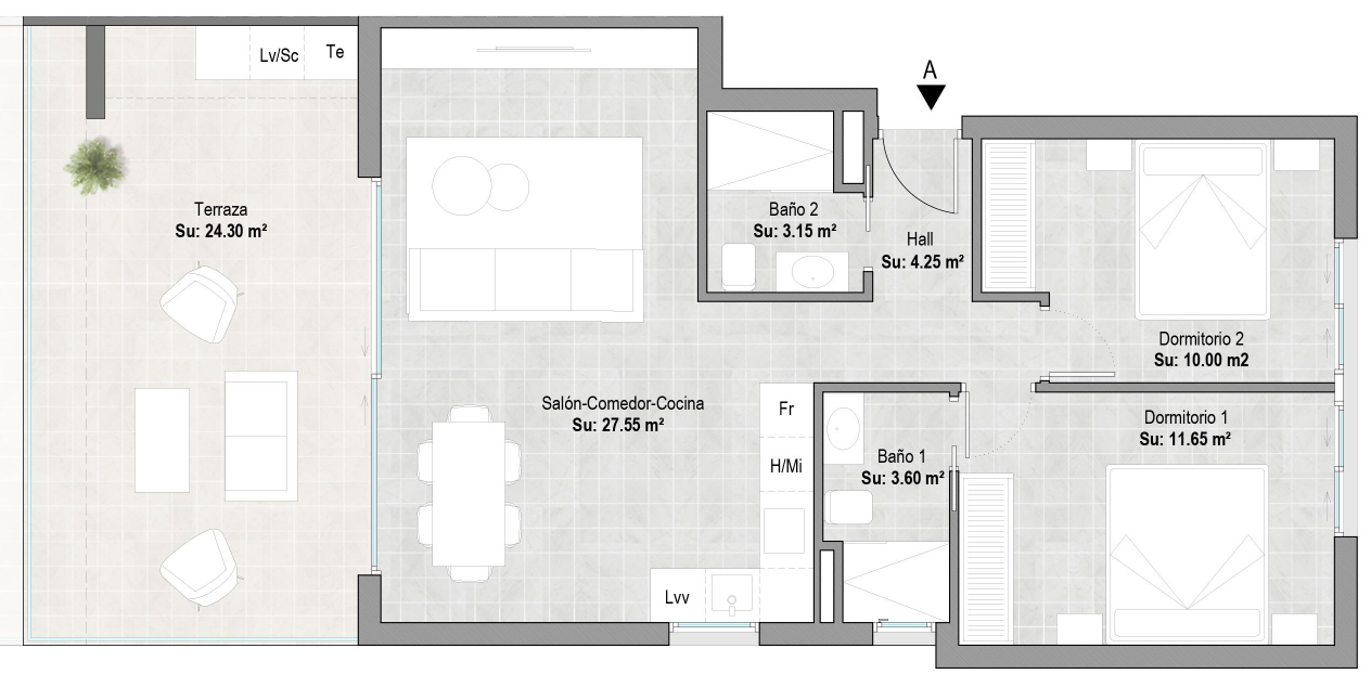 Plan piętra dla Apartment ref 3830 dla sale w Pilar De La Horadada Hiszpania - Murcia Dreams