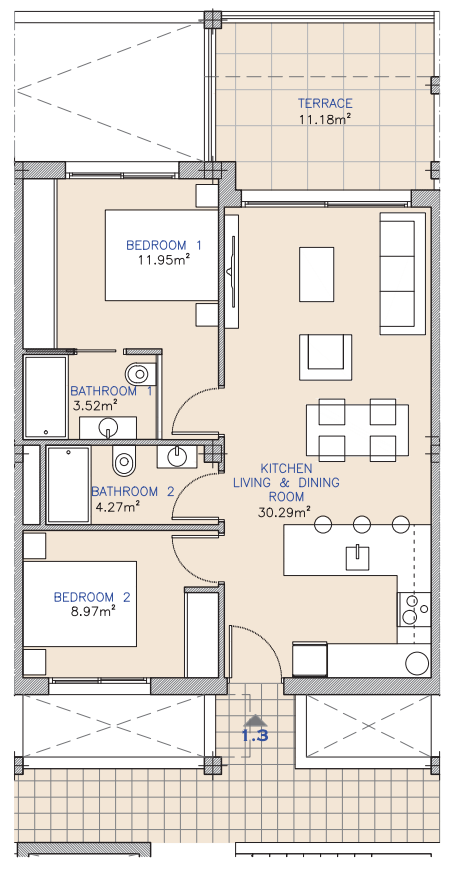 Plan piętra dla Apartment ref 3978 dla sale w LOS ALCAZARES Hiszpania - Murcia Dreams