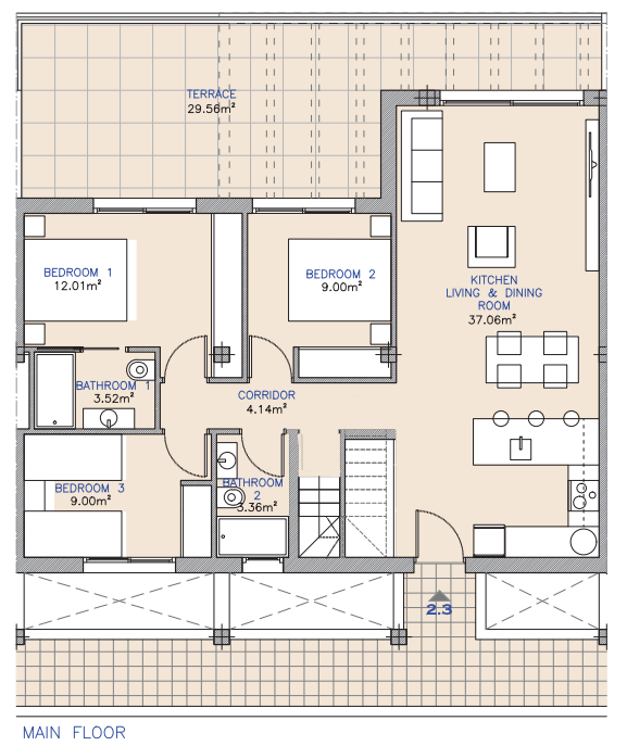 Plan piętra dla Apartment ref 3979 dla sale w Serena Golf Hiszpania - Murcia Dreams
